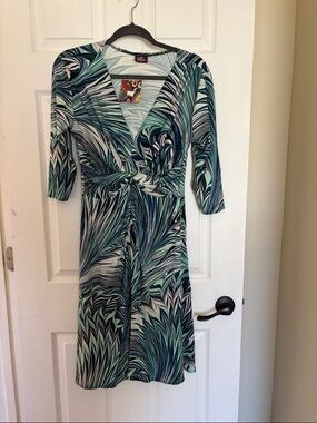 Salaam Teal and White Knot-Front Wrap Midi Dress Size L